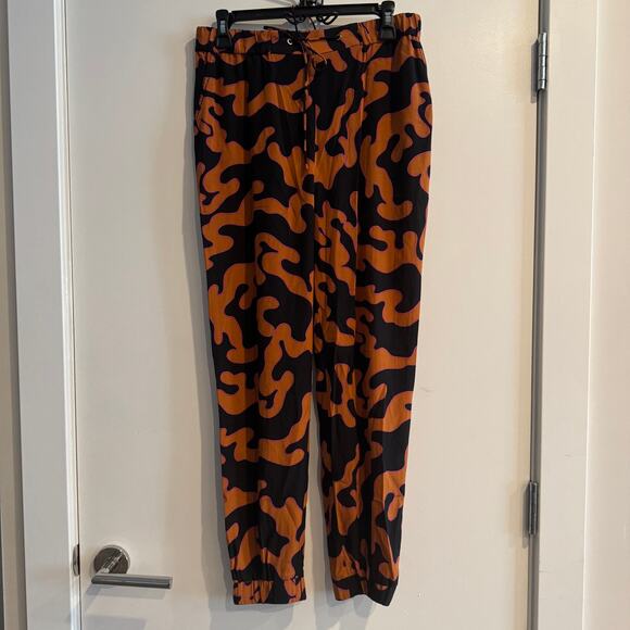Diane Von Furstenberg Silk Abstract Pants Black Orange Elastic Waistband Sz 4 - Picture 1 of 7